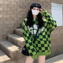 2021 New Lazy Wind Avocado Green Letter Print Hooded Sweater Women Autumn and Winter Loose Plaid Top Women Tide