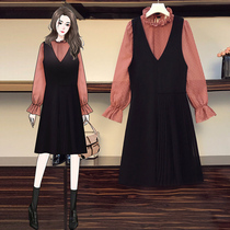 Chubby girls wear large size early autumn new age-reducing strap dress two-piece fashion casual top suit