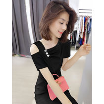  Korean version of the machine off-the-shoulder waist high-end black temperament dress female summer new 2021 thin tide(
