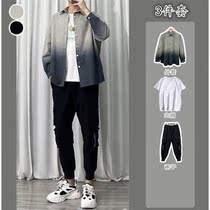 Gradient shirt mens casual suit long sleeve spring and autumn handsome Korean trend new mens with a set of clothes