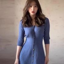Shake a chestnut Xiaoshazi with the same blue God of War skirt new 2021 summer thin waist temperament dress