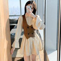 College style set 2021 new womens temperament long sleeve short shirt dress vest two-piece dress