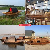 Wooden boat Black canopy antique hand-drawn tourism sightseeing dining water decoration scenic spot painting boat solid wood props fishing boat Electric