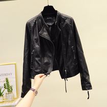 Korean black leather leather clothes womens 2021 spring and autumn new short motorcycle clothes slim and thin leather jacket jacket trend