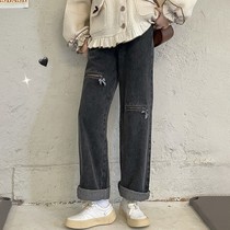 Bow zipper jeans female autumn Korean version of ins design sense high waist slim Student straight wide leg trousers