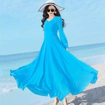 Double-layer large swing dance dress thin long sleeve Chiffon dress Female beach dress Large size medium-long over-the-knee skirt
