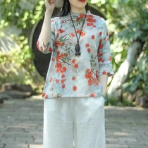 2021 summer imitation cotton hemp Chinese wind buckle printing stand collar large size loose national style womens blouse vintage shirt