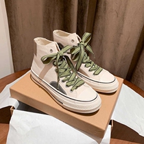 Super good-looking color matching ~ A D new white high-top canvas shoes womens autumn 2021 thick-soled white shoes niche