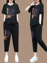 Summer 2022 new big code Two sets of foreign air printing 40-year-50 50 Mom clothes casual fashion sports suit women