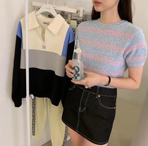 South Korean grove1030709 Alphabet Striped Collision with short sleeve knitted blouses