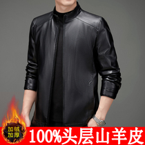 Autumn and winter Haining leather mens leather goat jacket lapel zipper loose large size jacket middle-aged dad