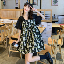 Pregnant women summer fashion Western style cartoon print V-neck dress Summer medium long loose tutu top