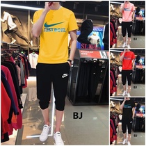 Nike sports suit Mens and womens round neck summer short-sleeved T-shirt top three-point pants pure cotton running leisure two-piece set