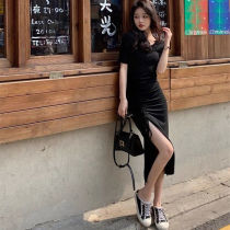 2021 summer stretch slim pleated lace-up side fork long dress womens short sleeve T-shirt drawstring long skirt