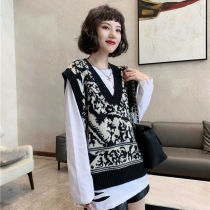 Spring and Autumn New ins retro color jacquard V neck knitted vest women wear Joker loose sweater vest waistcoat