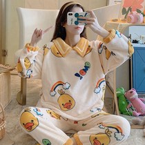 Pajamas female autumn and winter flannel Korean sweet and lovely princess style home clothes thickened can be worn outside Warm Suit