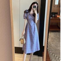 Summer 2021 New French retro dress temperament square collar long skirt waist short sleeve plaid dress women