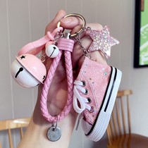 Creative cute couple mini canvas shoes keychain lettering leather rope Bell pendant key chain ring bag hanging women