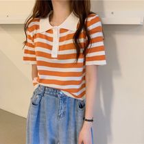  2021 new Korean version of the net red polo shirt striped short-sleeved T-shirt womens summer ins super fire loose short bm top