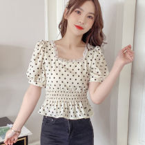  Short-sleeved 2021 new small shirt womens high-end western style French clavicle square collar bubble sleeve waist short top summer