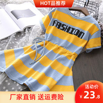 Childrens clothing 2021 summer new large girl stripe waist lace-up childrens short sleeve skirt casual dress tide