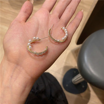  High-end rhinestone pearl ear rings say 5 silver needle ear jewelry micro-inlaid exquisite earrings feminine temperament wild ear clip earrings