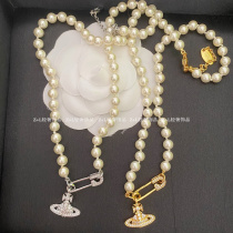 Western Queen Downer Pin Saturn Pearl Necklace European and American niche senior sense light luxury retro choker tide girl choker