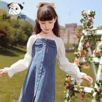 Girls splicing dress 2021 autumn new Western style retro French childrens skirt large childrens denim skirt spring and autumn