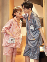 Couple pajamas womens 2021 new summer ice silk short-sleeved shorts thin mens Korean version of cool home wear suit
