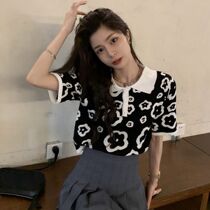Summer flower polo shirt gentle style knitted base shirt Women design sense loose short sleeve thin French top