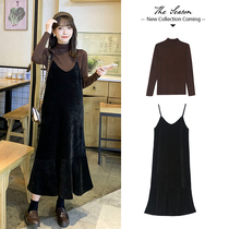 Maternity clothing autumn and winter clothing set fashion tide mom long sleeve bottoming shirt top suspender skirt two-piece dress spring style