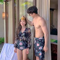 Korean couple swimsuit womens conservative belly cover thin long sleeve sunscreen bikini new mens swimsuit quick-drying section