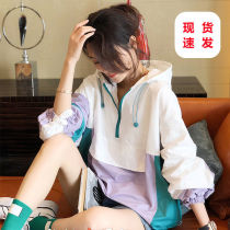 Thin zipper tooling Jacket Womens tide fashion color group hooded pullover jacket early autumn 2021 New European station