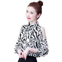  Hong Kong style off-the-shoulder CHIFFON long-sleeved top womens 2020 autumn new retro lazy wind belly cover thin BAO WEN shirt