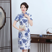  Simulation silk cheongsam dress womens improved version of retro slim-fitting belly cover middle-aged mother cheongsam dress summer new