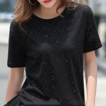 Short-sleeved T-shirt womens loose cotton summer round neck plus size foreign hot silver sequin black half-sleeve Belly Belly T-shirt