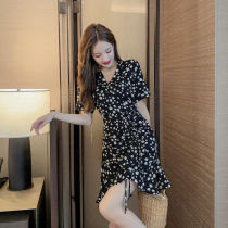 Short sleeve New Daisy dress Super fairy thin fat sister high waist belly skirt female Summer chiffon floral skirt