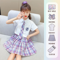 jk uniform skirt genuine suit Primary school summer grid skirt Childrens short-sleeved shirt Girls college style two-piece set