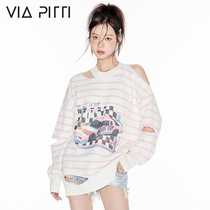 VIA PITTI racing series disrupts cutting printed striped sweater womens spring-style sweet and gentle ensemble wearing a hitch
