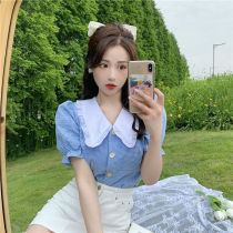 Plaid shirt female summer Korean version 2021 new foreign style design sense doll collar color short bubble sleeve top