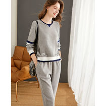 2021 autumn new fashion casual simple loose stitching color sweater casual pants two-piece female