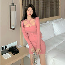 Lace strap sexy waist knit dress women's autumn Joker long sleeve cardigan two-piece Hong Kong style suit