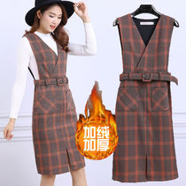 Strap Skirt Knitted Sweater Fall Winter Plaid Dress Slim Dress Vest Dress V-neck Long Dress One Step Bottom Skirt