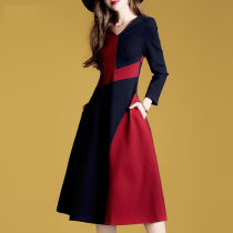 Base single wear temperament long stitching dress spring and autumn clothing 2021 new womens long sleeve V collar A- line dress