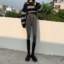 Smoke Gray plus velvet jeans women 2021 autumn and winter New tight body slim waist slim small feet pencil trousers