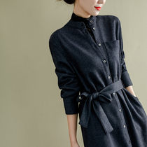 Texture bursting high-end temperament collar shirt dress women's 2020 autumn and winter long sleeve split tweed dress