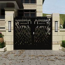  Wrought iron courtyard door Modern simple laser engraving single and double open garden door entry wrought iron courtyard anti-theft door