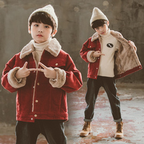 Korean childrens clothing childrens winter clothing plus velvet coat 2021 New Korean red lamb velvet corduroy boy coat