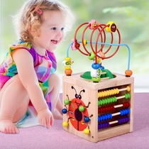 Infant wooden puzzle early education enlightenment toy new multi-kinetic energy beetle four-sided large bead treasure box