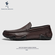 Dancing with wolves bean shoes men's leather men's shoes one pedal top layer leather men's casual shoes soft bottom loafers